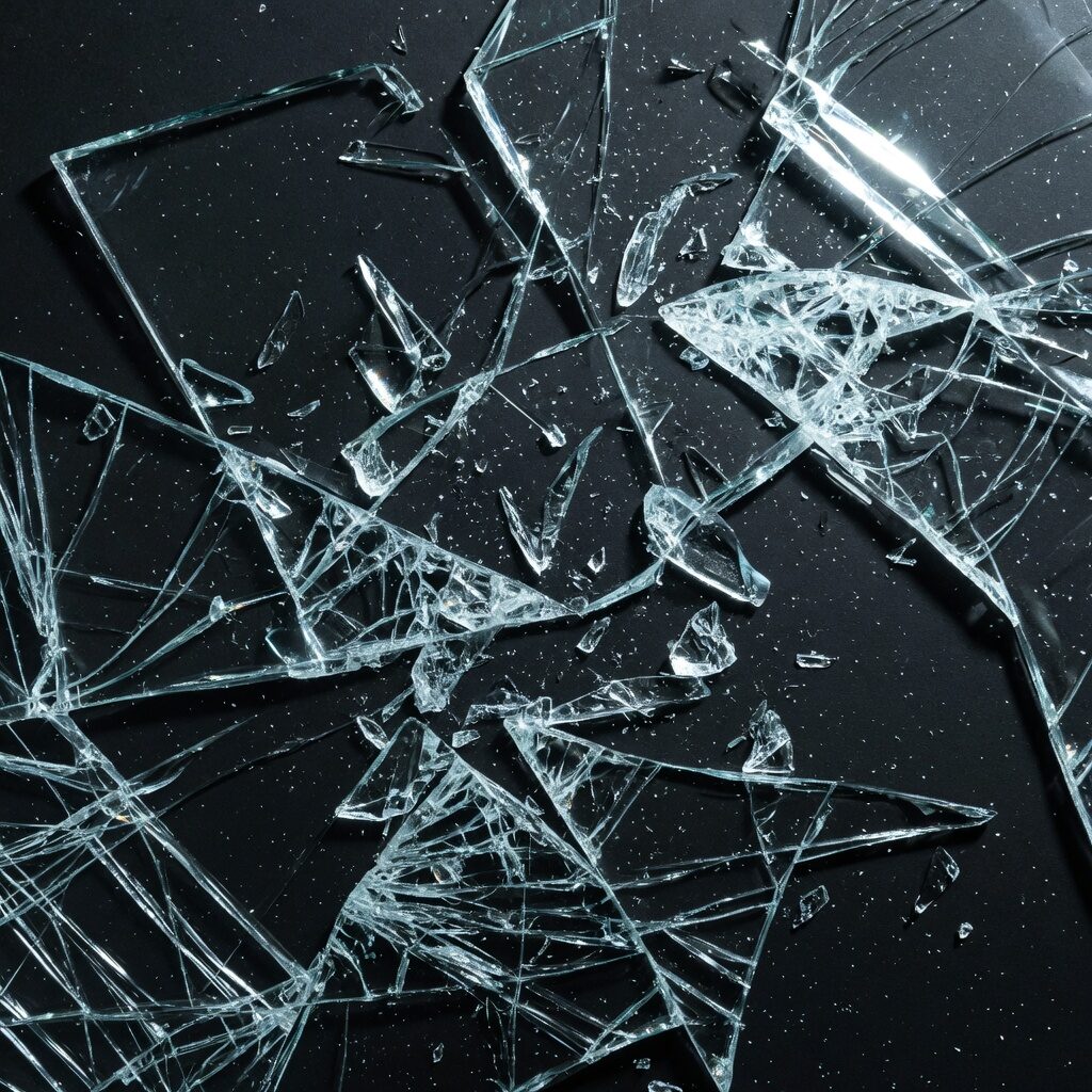 Shattered tempered glass on black, fragments catching cold light.