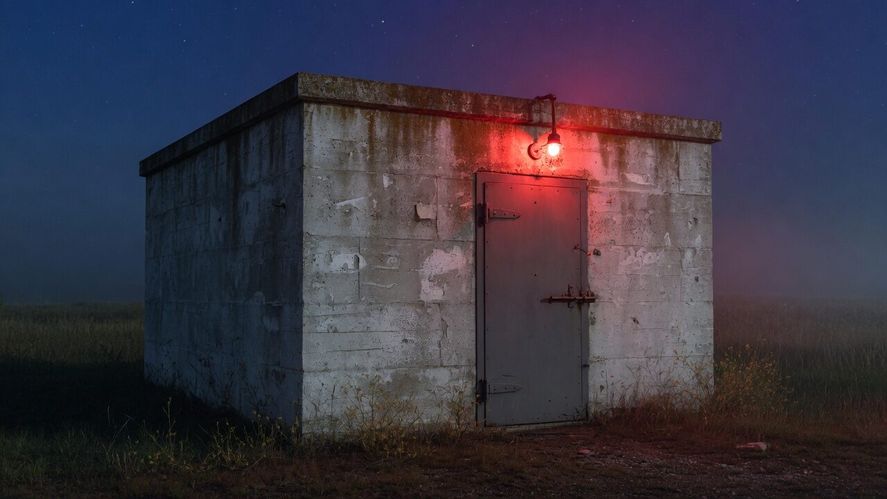 Windowless concrete building at night in a field, a single red light over a steel door.